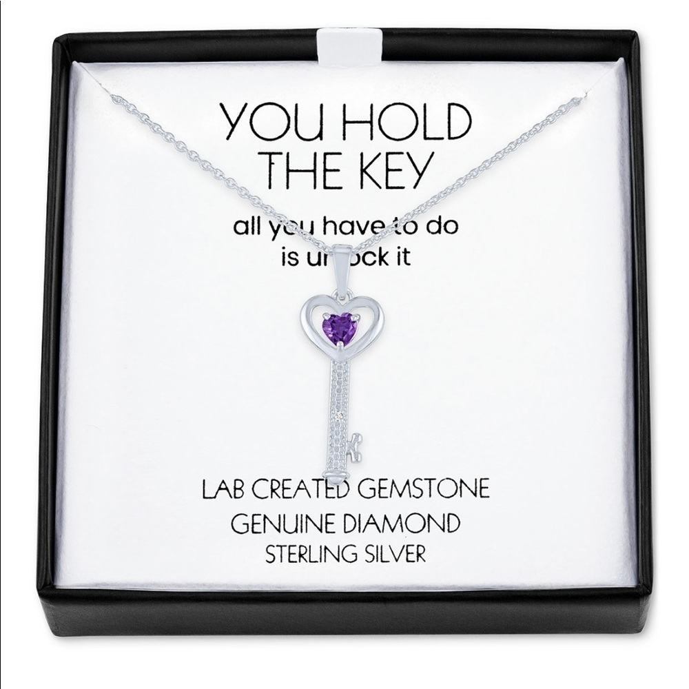 NWT NIB STERLING SILVER AMETHYST & DIAMOND “YOU HOLD THE KEY” NECKLACE